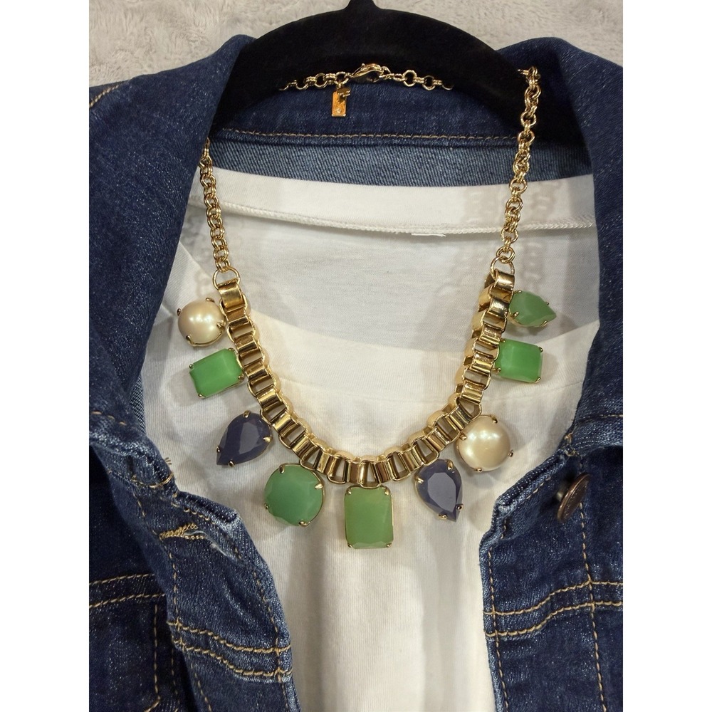 Y2K Chunky Glam Statement Necklace Blue Emerald Jewel Faux Pearl Gold Tone Bib